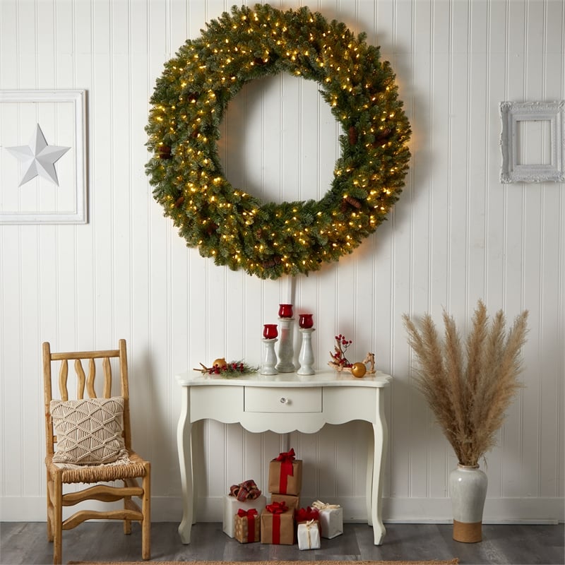 Nearly Natural 5ft Flocked Christmas Wreath w/ Pinecones 300 Clear LED