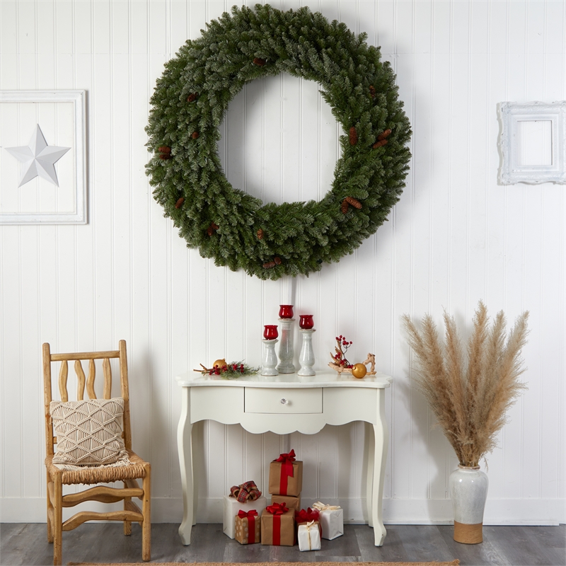 Nearly Natural 5ft Flocked Christmas Wreath w/ Pinecones 300 Clear LED