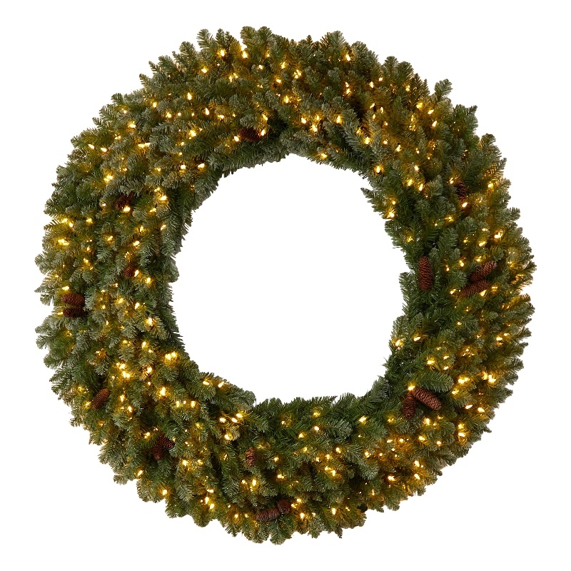 Nearly Natural 5ft Flocked Christmas Wreath w/ Pinecones 300 Clear LED