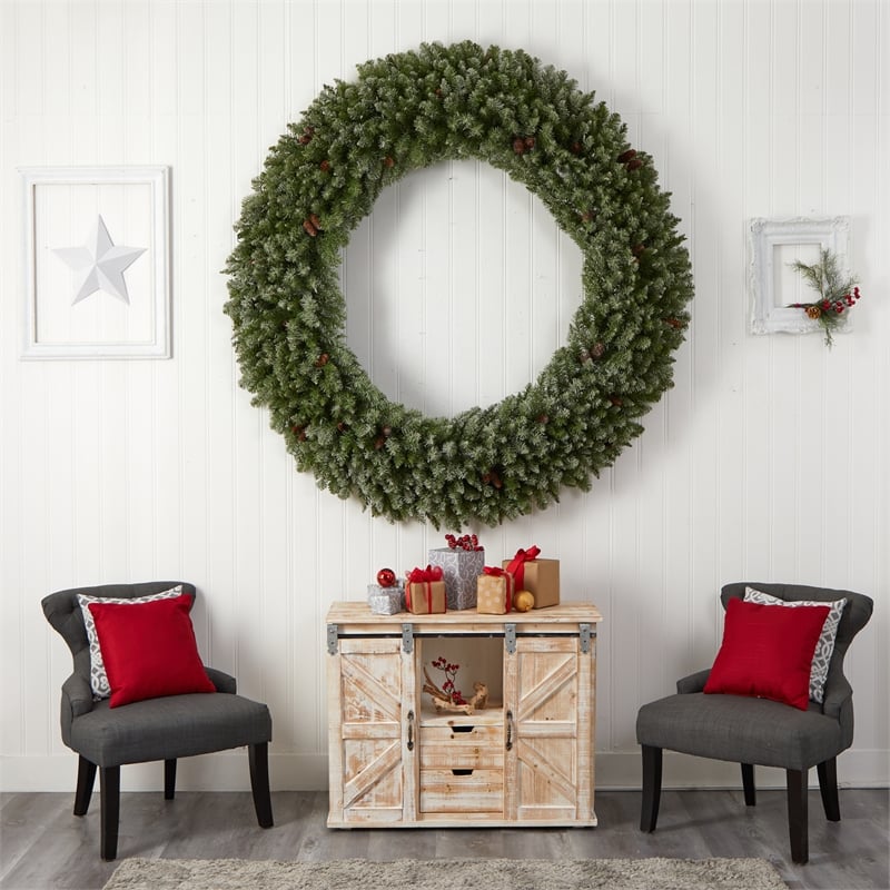 Nearly Natural 6ft Giant Flocked Christmas Wreath w/ Pinecones 400 Clear LED