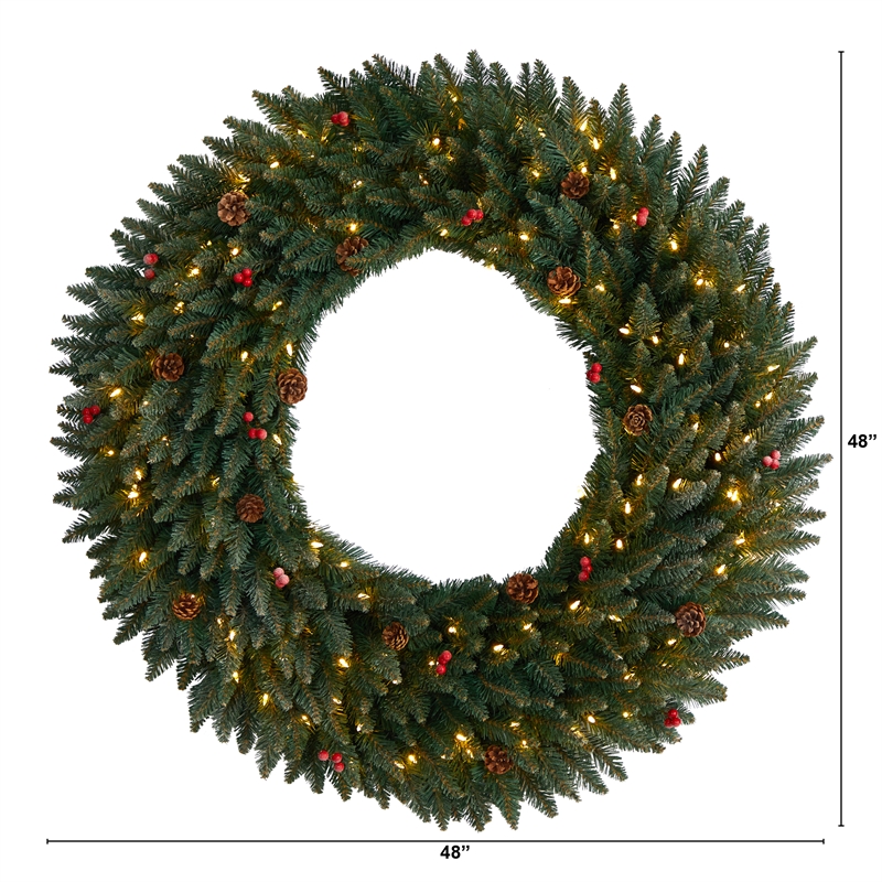 Nearly Natural 4ft Large Flocked Christmas Wreath w/ Pinecones Berries 150 LED