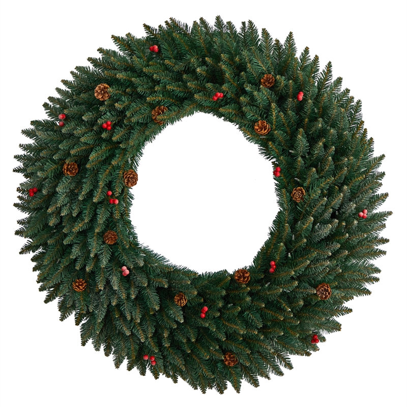Nearly Natural 4ft Large Flocked Christmas Wreath w/ Pinecones Berries 150 LED