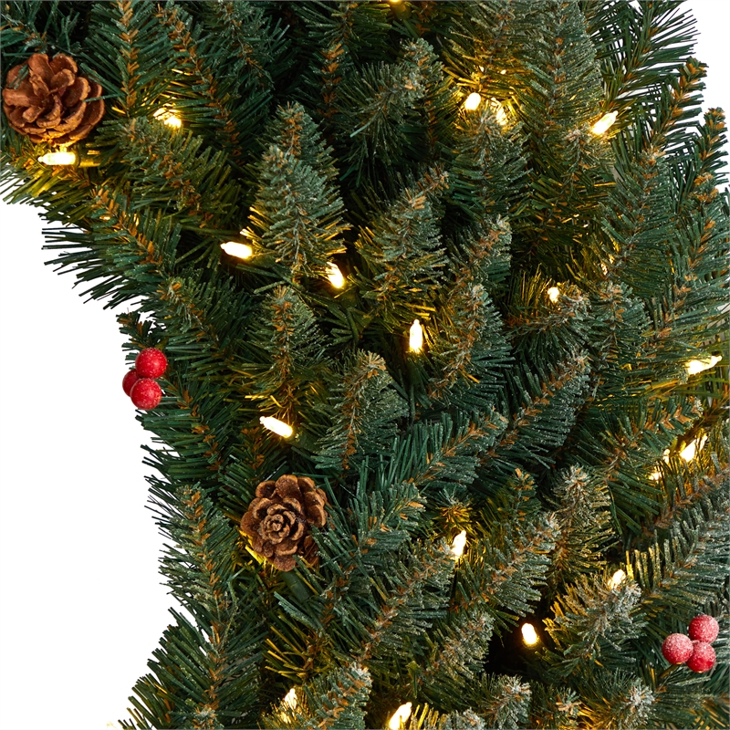Nearly Natural 4ft Large Flocked Christmas Wreath w/ Pinecones Berries 150 LED