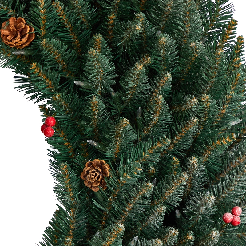 Nearly Natural 4ft Large Flocked Christmas Wreath w/ Pinecones Berries 150 LED