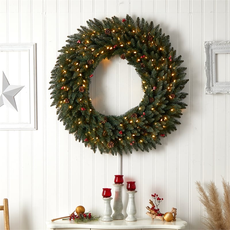 Nearly Natural 4ft Large Flocked Christmas Wreath w/ Pinecones Berries 150 LED