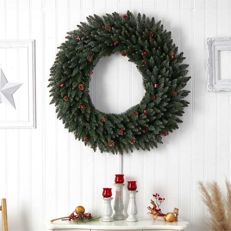 Nearly Natural 4ft Large Flocked Christmas Wreath w/ Pinecones Berries 150 LED