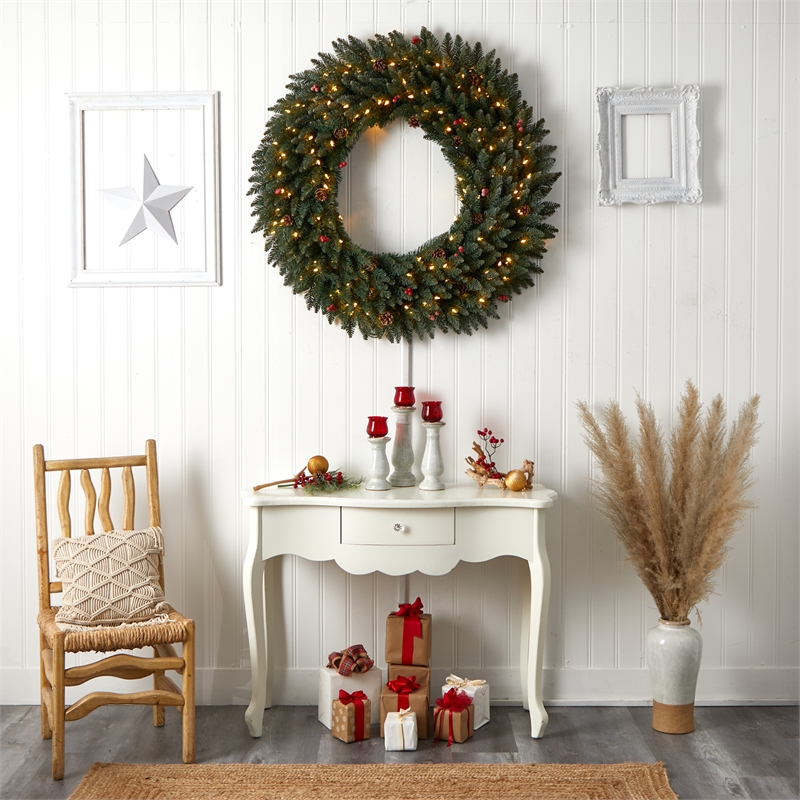 Nearly Natural 4ft Large Flocked Christmas Wreath w/ Pinecones Berries 150 LED