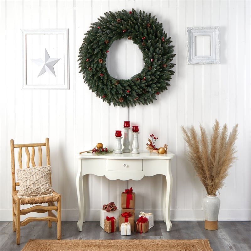 Nearly Natural 4ft Large Flocked Christmas Wreath w/ Pinecones Berries 150 LED
