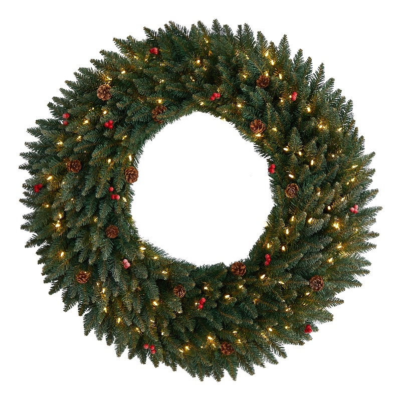 Nearly Natural 4ft Large Flocked Christmas Wreath w/ Pinecones Berries 150 LED