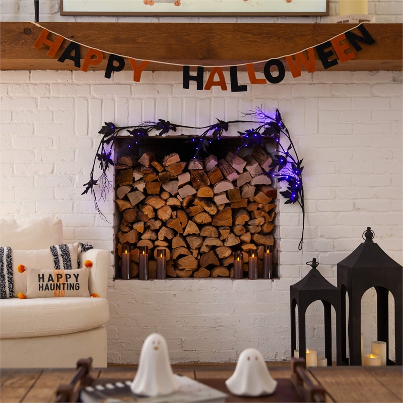 Nearly Natural 6.5ft Pre-Lit HalloweenBlack Maple Garland w/48 Orange/Purple LED