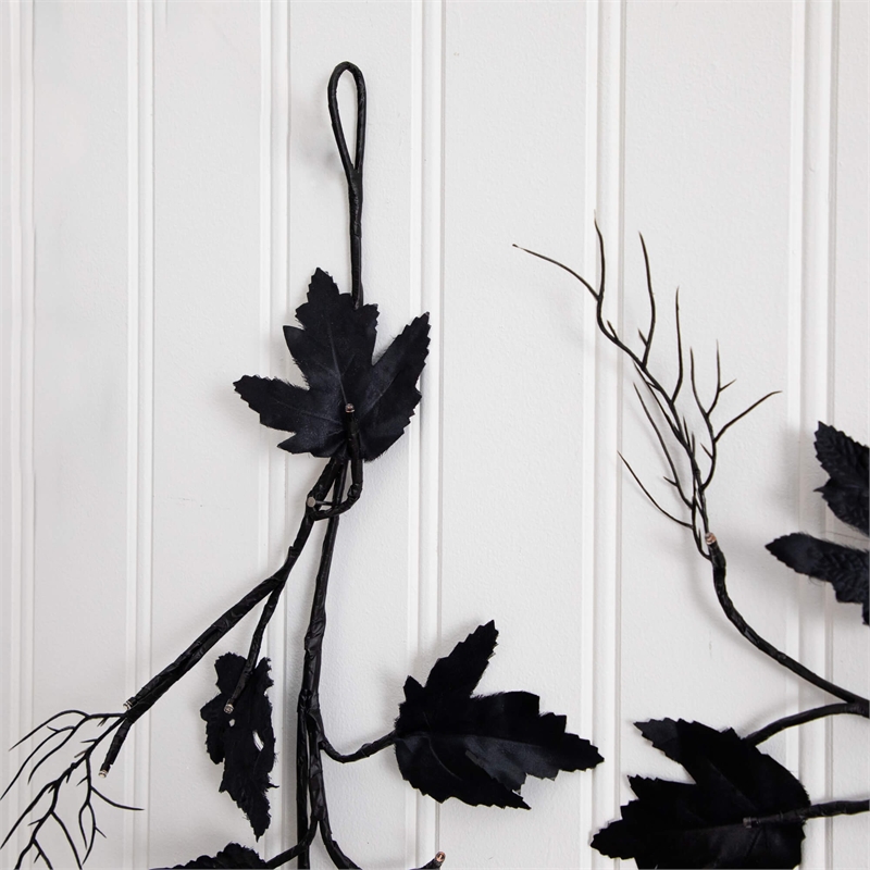 Nearly Natural 6.5ft Pre-Lit HalloweenBlack Maple Garland w/48 Orange/Purple LED