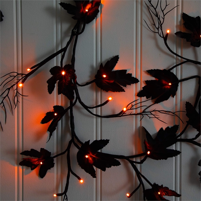Nearly Natural 6.5ft Pre-Lit HalloweenBlack Maple Garland w/48 Orange/Purple LED
