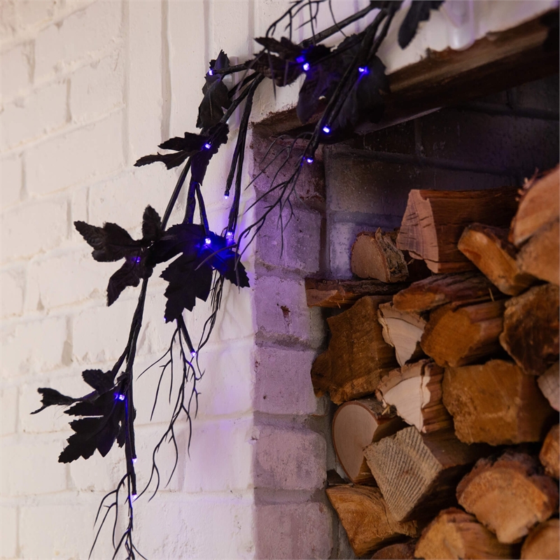 Nearly Natural 6.5ft Pre-Lit HalloweenBlack Maple Garland w/48 Orange/Purple LED