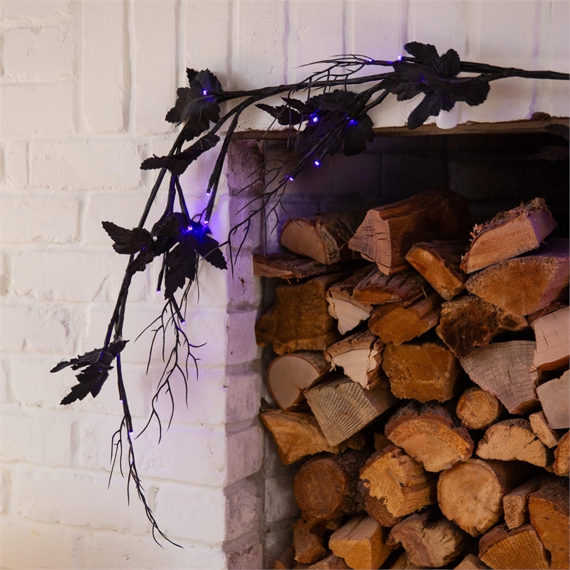 Nearly Natural 6.5ft Pre-Lit HalloweenBlack Maple Garland w/48 Orange/Purple LED