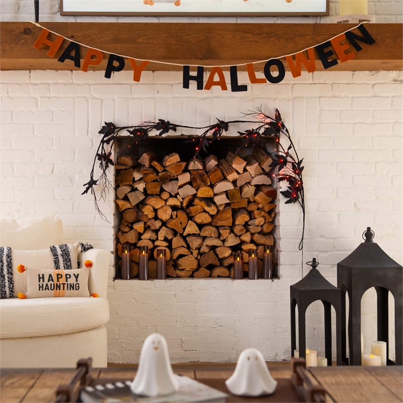 Nearly Natural 6.5ft Pre-Lit HalloweenBlack Maple Garland w/48 Orange/Purple LED