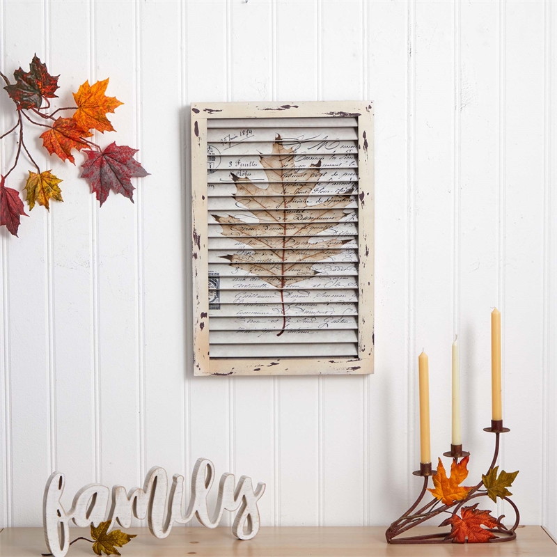 Nearly Natural Maple Leaf Window Shutter Wall Decor in Beige