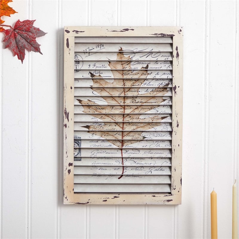 Nearly Natural Maple Leaf Window Shutter Wall Decor in Beige