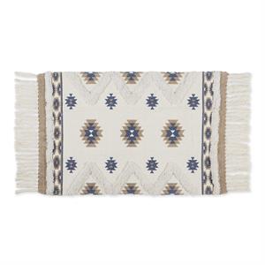stone and blue printed off-white hand-loomed cotton shag rug 2x3 ft