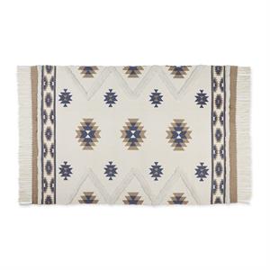 stone and blue printed off-white hand-loomed cotton shag rug 4x6 ft