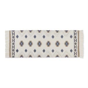 stone and blue printed off-white hand-loomed cotton shag rug runner 2.3 x 6 ft