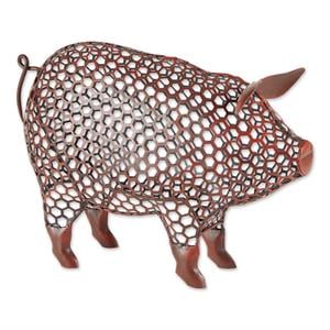 brown iron chicken wire pig sculpture 13.5x5.5x15.25