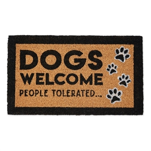dogs welcome people tolerated doormat 17x29 coir front tan black and white