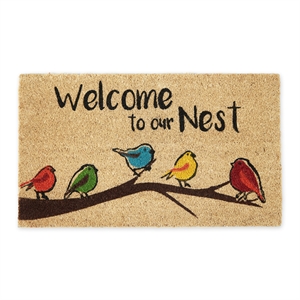 welcome to our nest coir and pvc doormat 17x29 red blue green and yellow birds