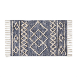Scandinavian French Blue Printed Hand-Loomed Cotton Shag Rug 2x3 Ft