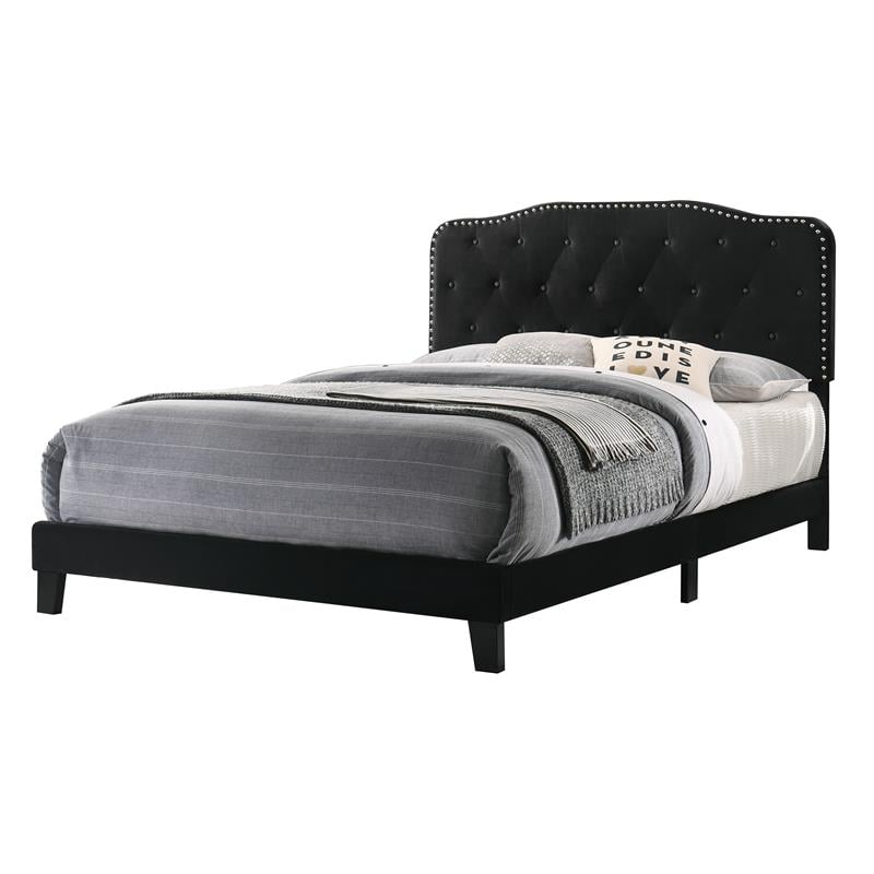 Black Velvet Upholstered Panel Bed with Silver Nailhead - Full