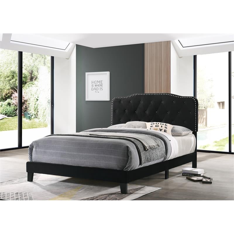 Black Velvet Upholstered Panel Bed with Silver Nailhead - Full