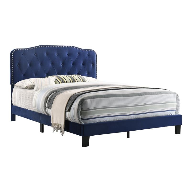 Navy Velvet Upholstered Panel Bed with Silver Nailhead - Queen