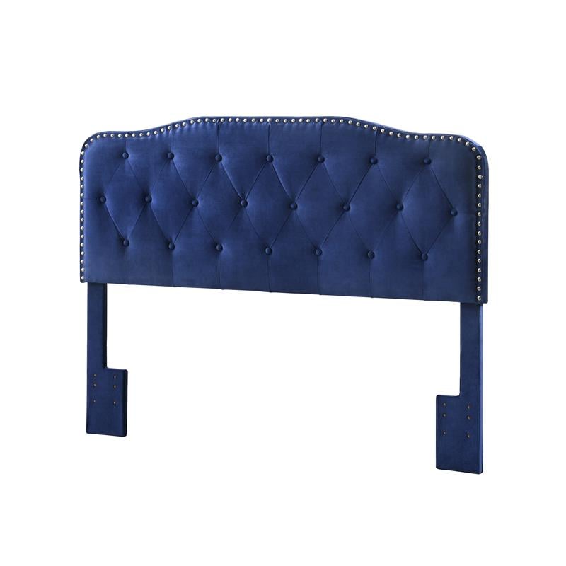 Navy Velvet Upholstered Panel Bed with Silver Nailhead - Queen