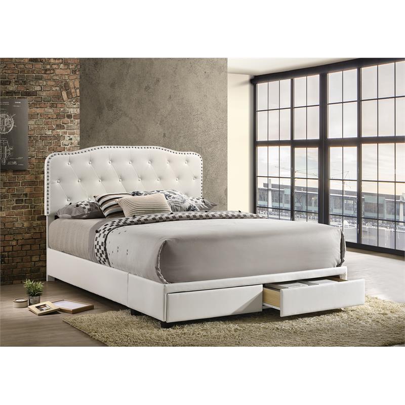 White Faux Leather Storage Platform Bed, White Faux Leather Bed Frame With Storage