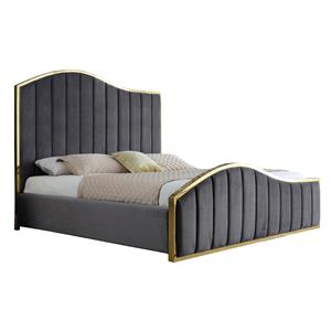 gray velvet platform bedframe w/ vertical tufts and gold accents - cal-king