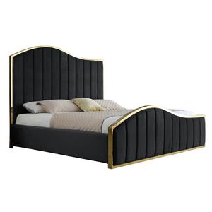 black velvet platform bedframe w/ vertical tufts and gold accents - queen