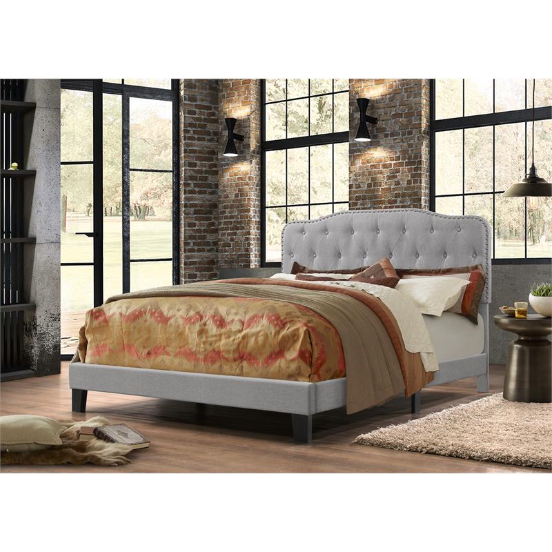 Tufted Smoke Gray Linen Headboard and Panel Bed Frame in Twin