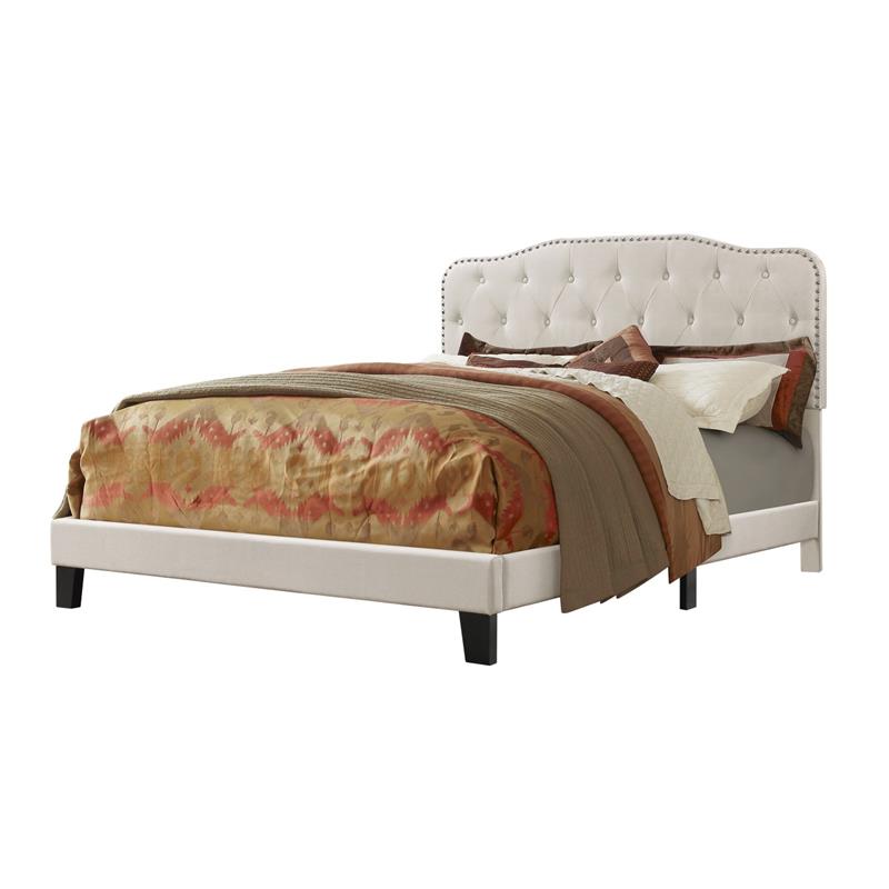 Tufted Fog-Beige Linen Fabric Headboard and Panel Bed Frame in Queen