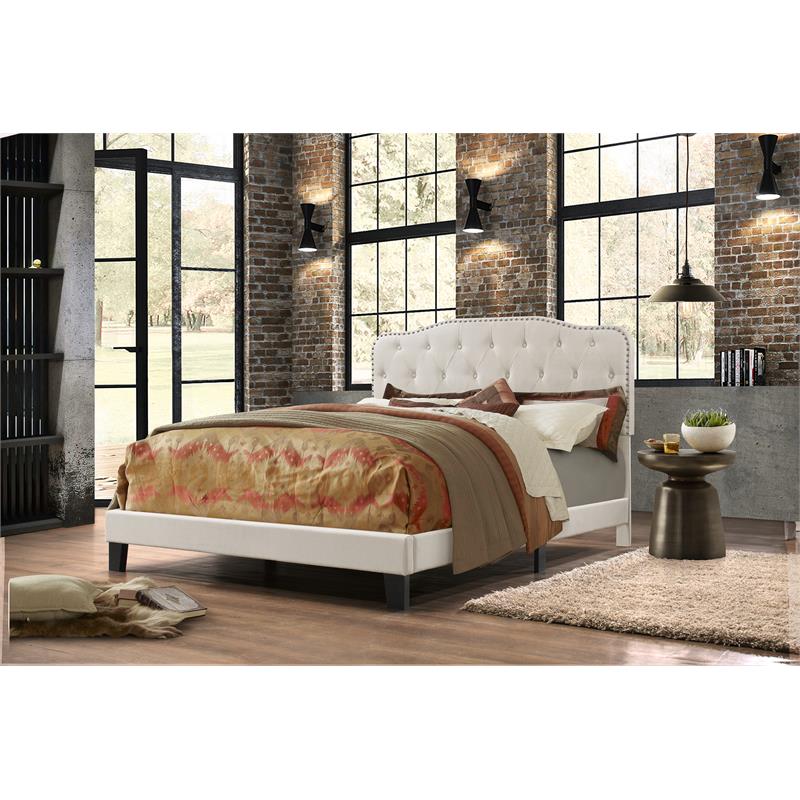 Tufted Fog-Beige Linen Fabric Headboard and Panel Bed Frame in Queen