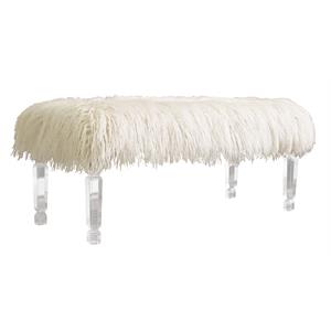 vanity bench with white faux fur and clear acrylic legs