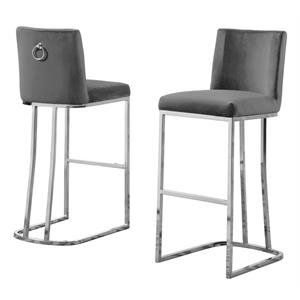 double minimalistic dark gray velvet bar stools with chrome legs and back handle