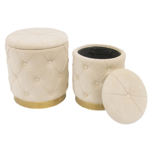 quilted beige velvet storage ottoman with gold chrome base (set of 2)