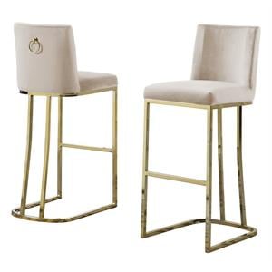 double minimalistic beige cream velvet bar stools with gold chrome legs