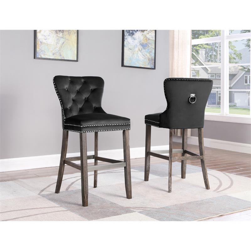 Rustic Black Velvet Bar Stools with Chrome Handle and Footrest (Set of 2)
