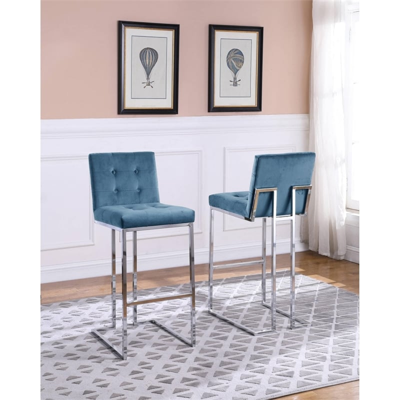 Barstools with Tufted Seats in Teal Blue Velvet and Chrome Legs (Set of 2)