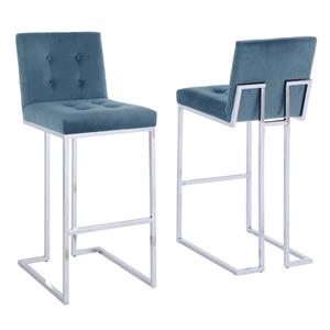 barstools with tufted seats in teal blue velvet and chrome legs (set of 2)