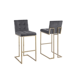 Barstools with Tufted Seats in Dark Gray Velvet and Gold Chrome Legs (Set of 2)