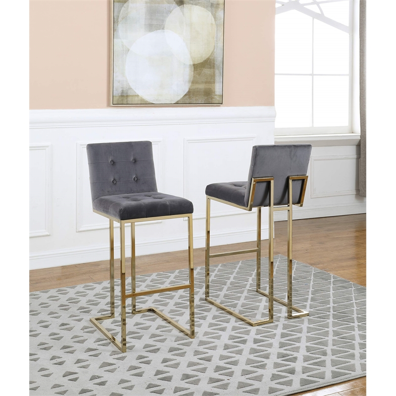 Barstools with Tufted Seats in Dark Gray Velvet and Gold Chrome Legs (Set of 2)