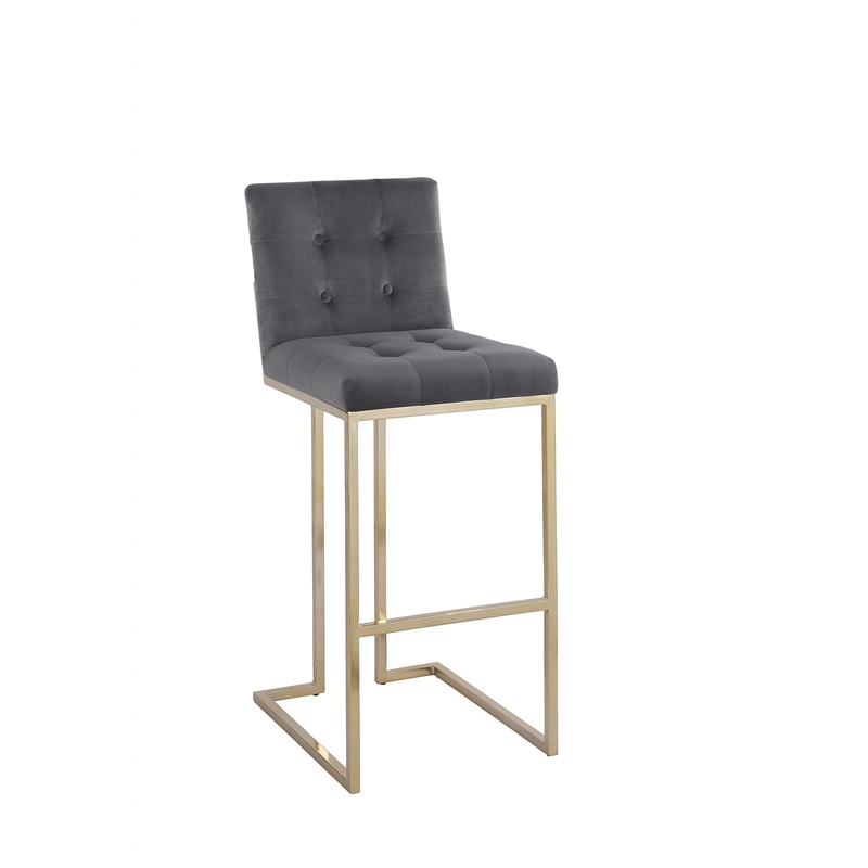 Barstools with Tufted Seats in Dark Gray Velvet and Gold Chrome Legs (Set of 2)