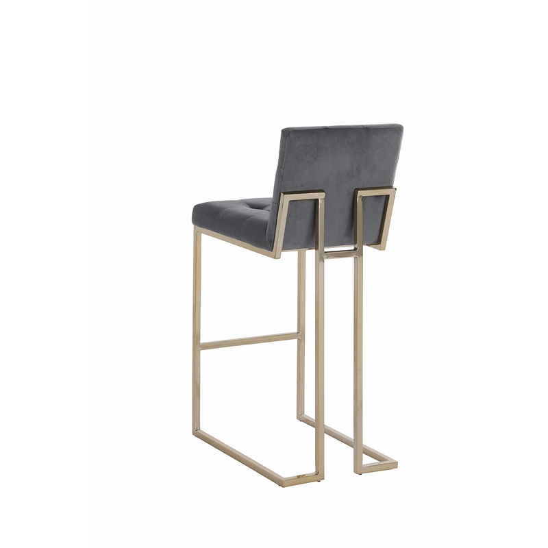 Barstools with Tufted Seats in Dark Gray Velvet and Gold Chrome Legs (Set of 2)
