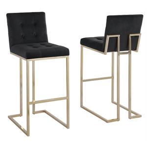 barstools with tufted seats in black velvet and gold chrome legs (set of 2)